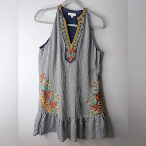 THML Striped Tank Dress with Embroidered Floral Design